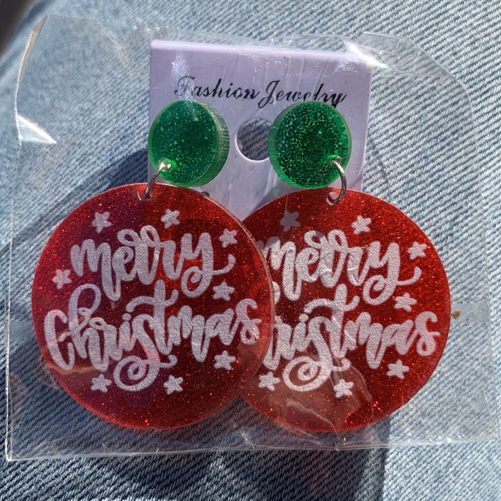 New! Merry Christmas Earrings, Red & Green Glittery Acrylic Earrings - Picture 2 of 2